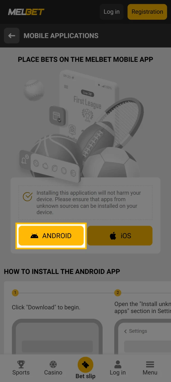 Tap the Android button to get the Melbet app.