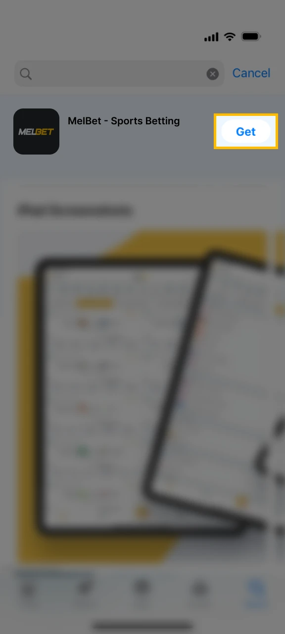 Tap Get to install the official Melbet app BD.