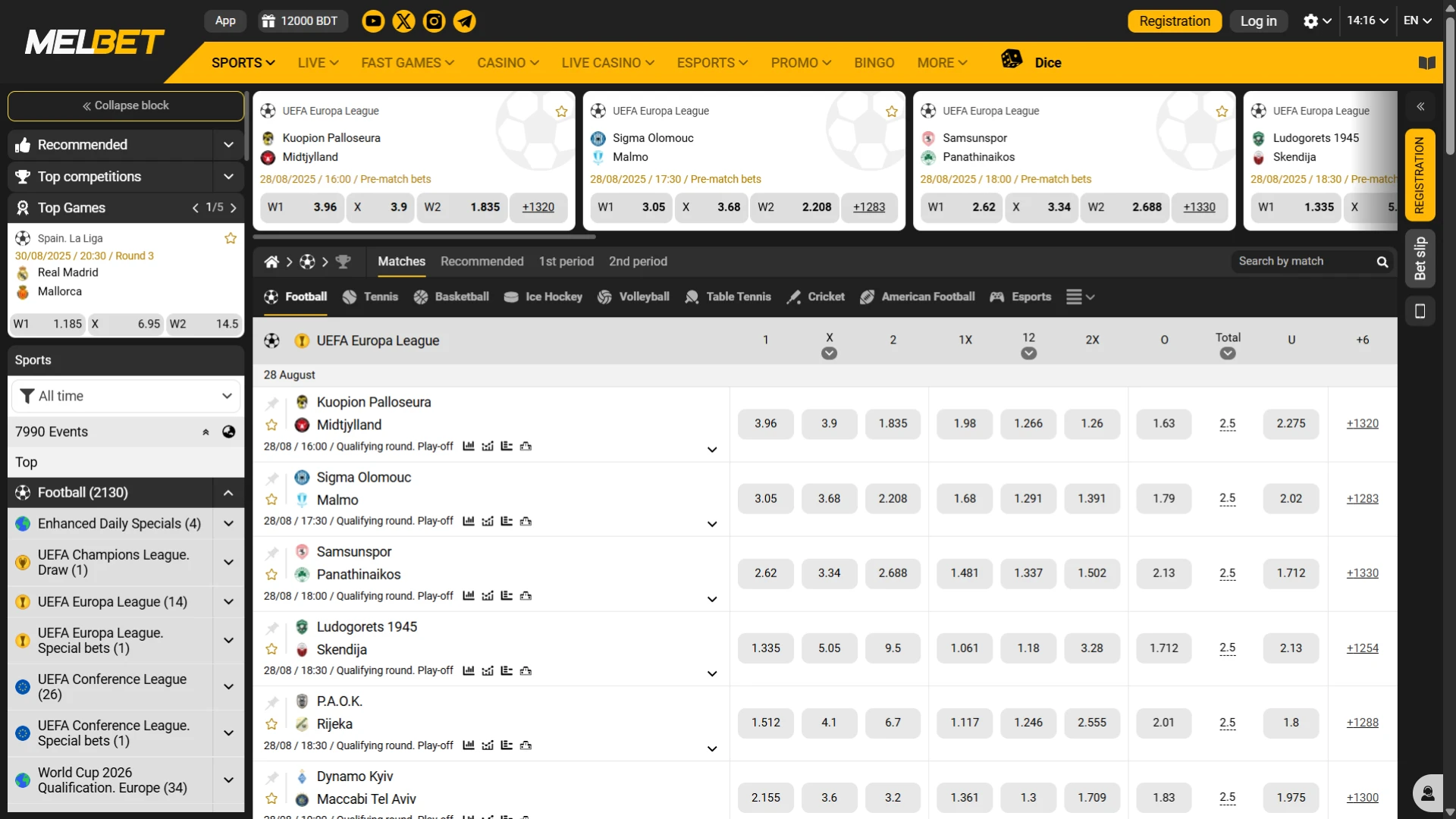 Melbet বাজির জন্য বিভিন্ন ধরণের খেলাধুলা প্রদান করে।