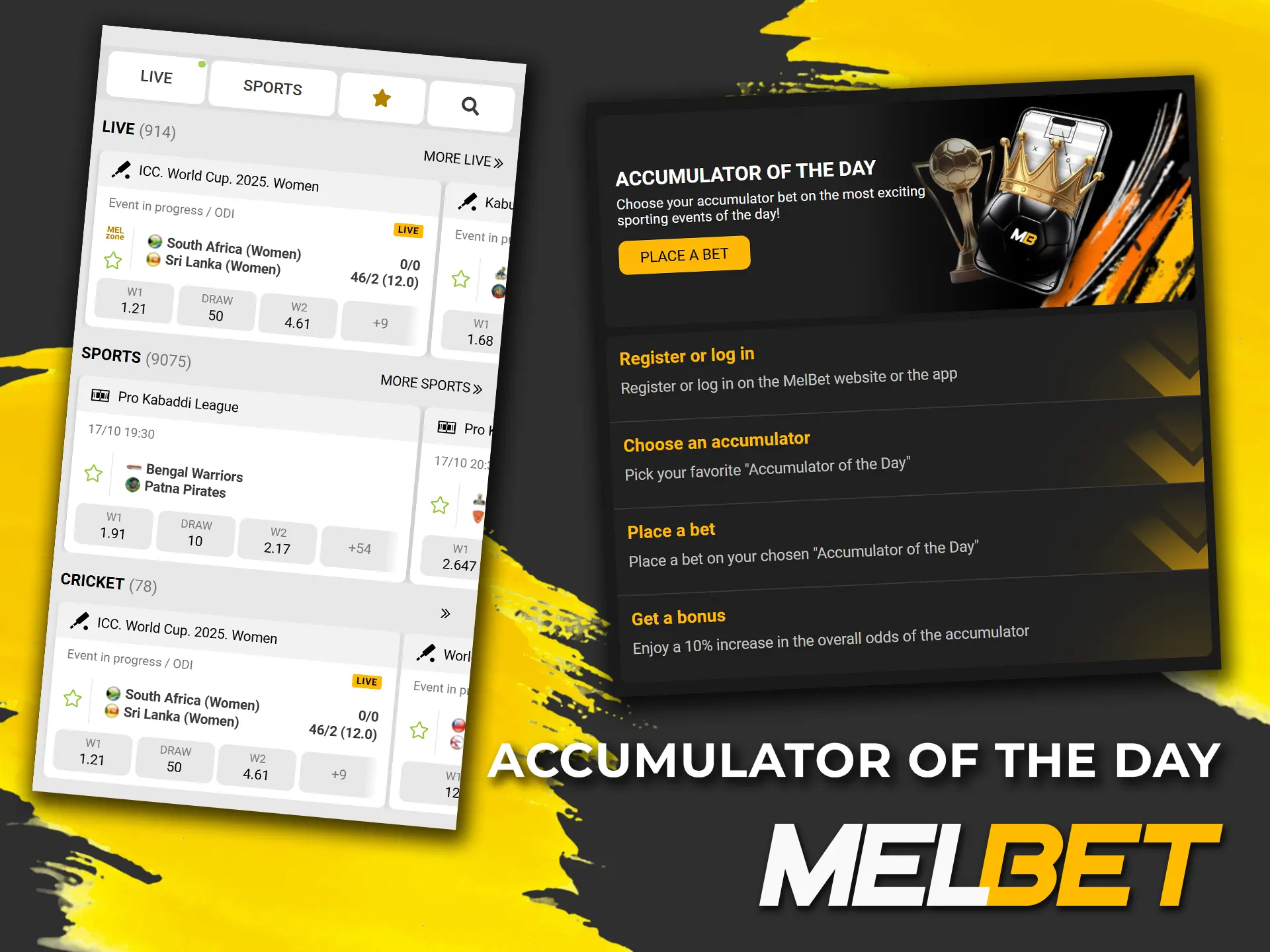 Register and activate Melbet accumulator of the day bonus.