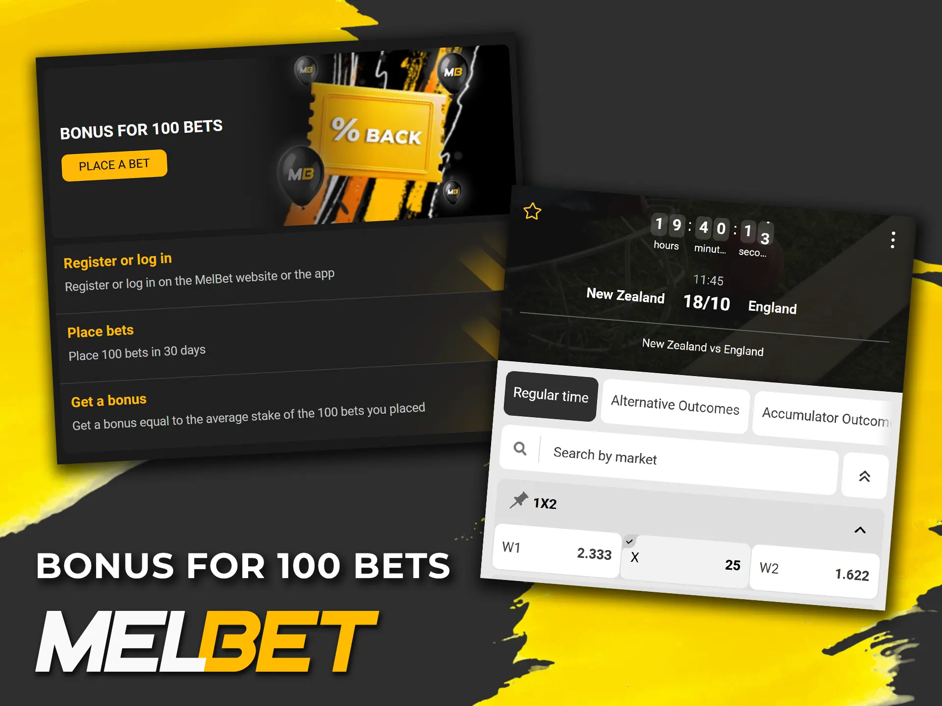 Place bets and receive a Melbet bonus for 100 bets.