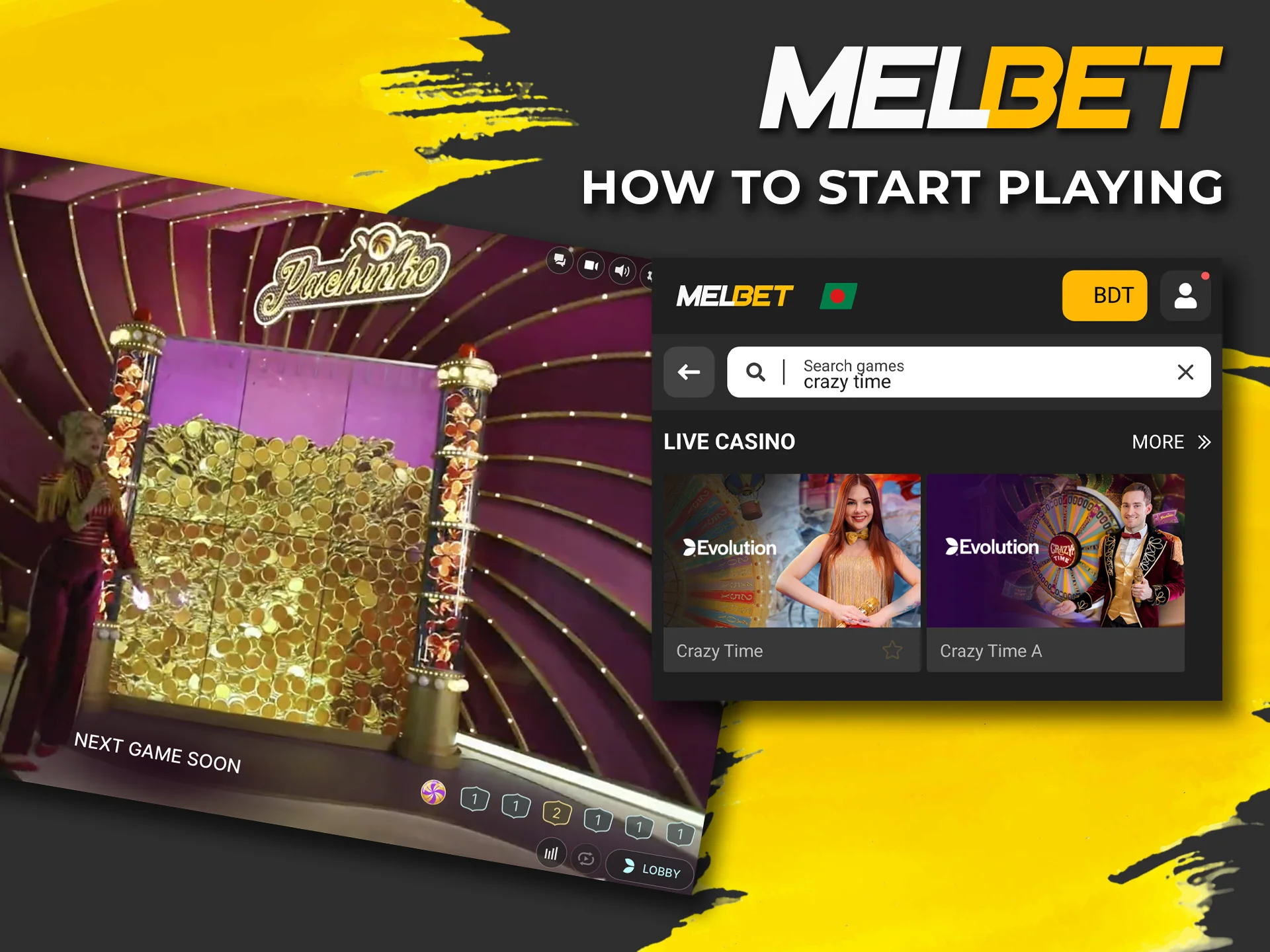 Use the search function to quickly access the Crazy Time game on the Melbet website.
