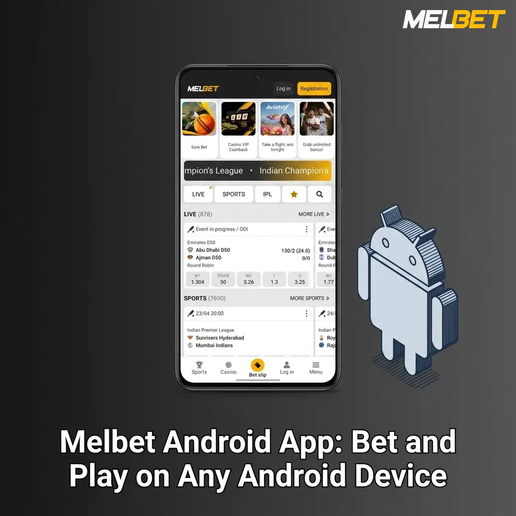 Melbet Android app interface showing sports betting and casino games on a smartphone and tablet device