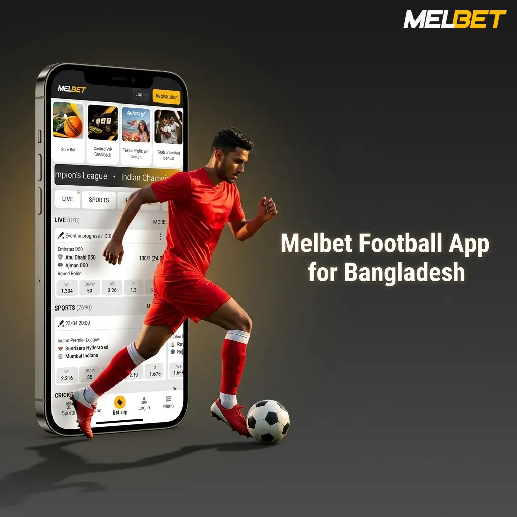 Melbet football app interface showing sports betting navigation for Bangladesh users on mobile device