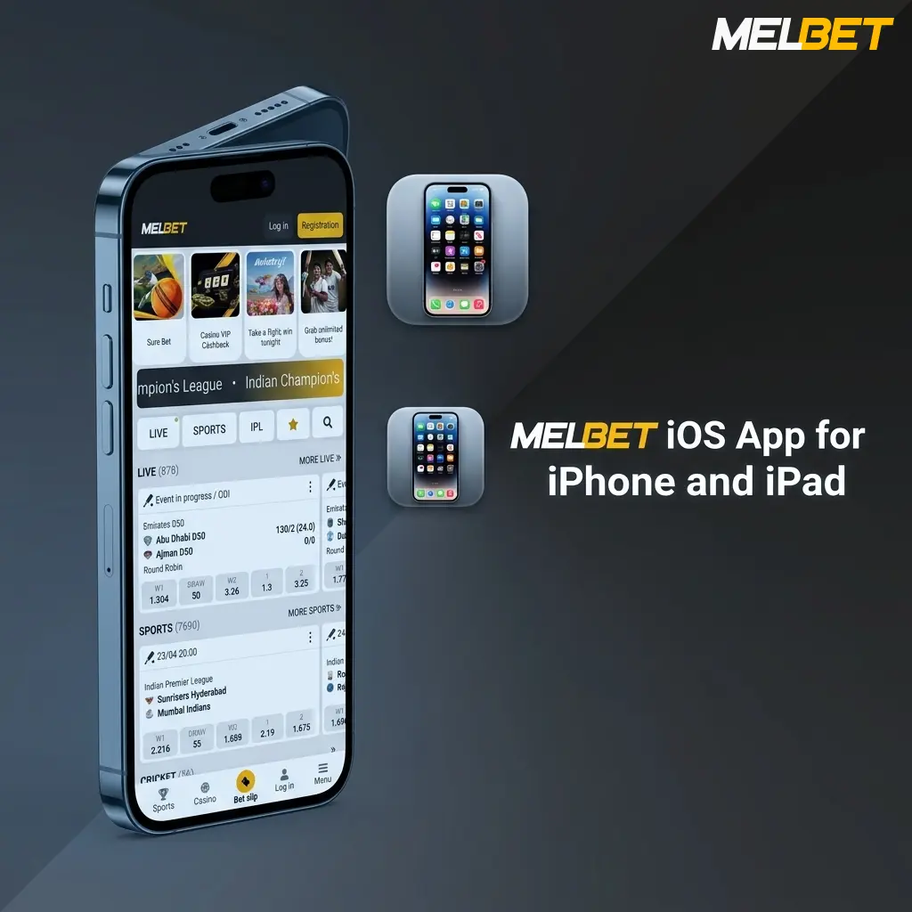 Melbet iOS app interface displayed on iPhone and iPad showing sportsbook and live casino features