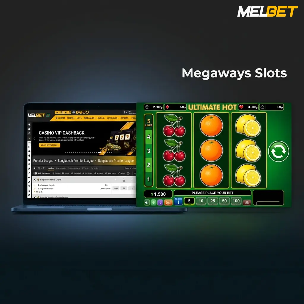 Megaways slots reels showing dynamic symbol layout with up to 117,649 ways to win on Melbet