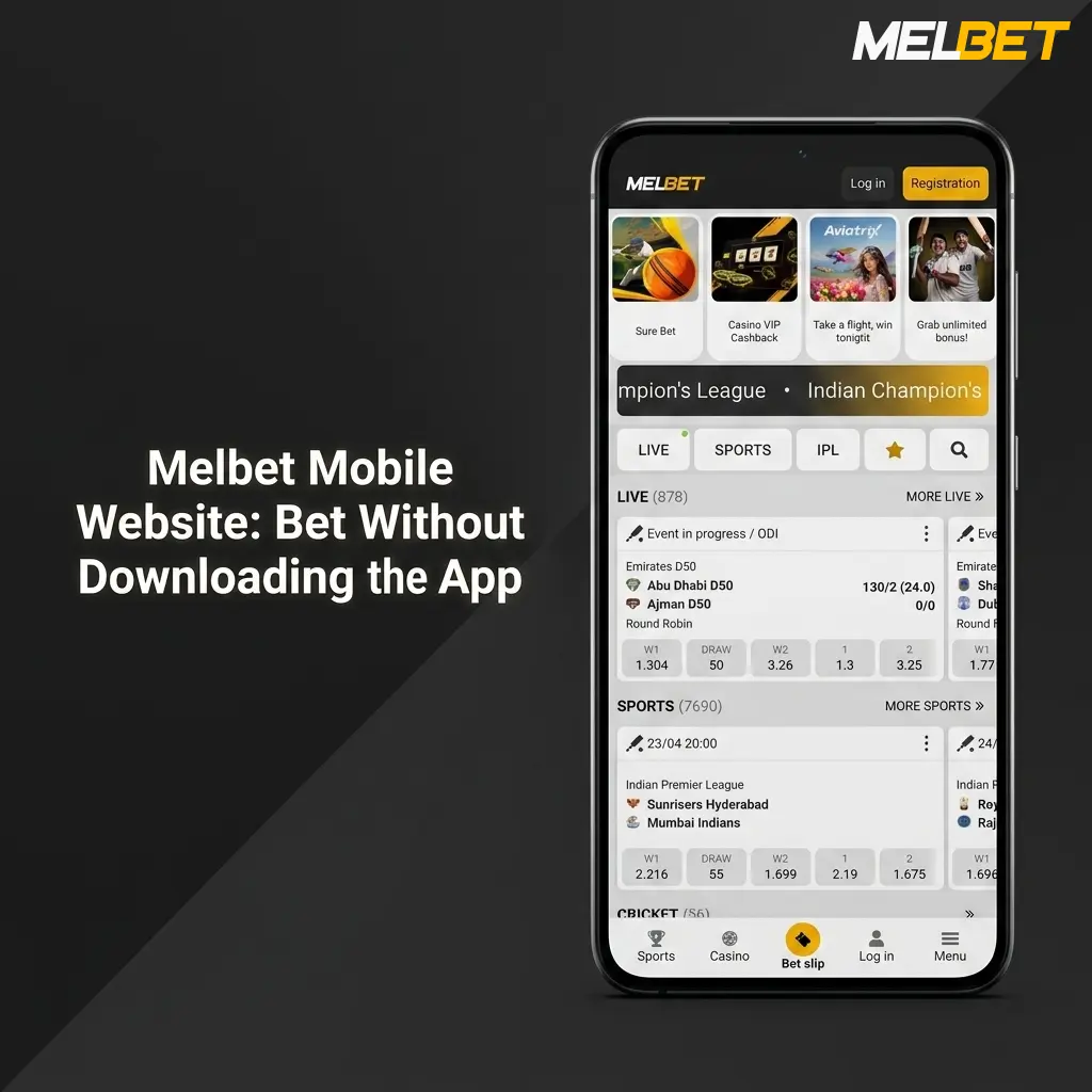Melbet mobile website interface on smartphone showing sportsbook and live betting options without app download