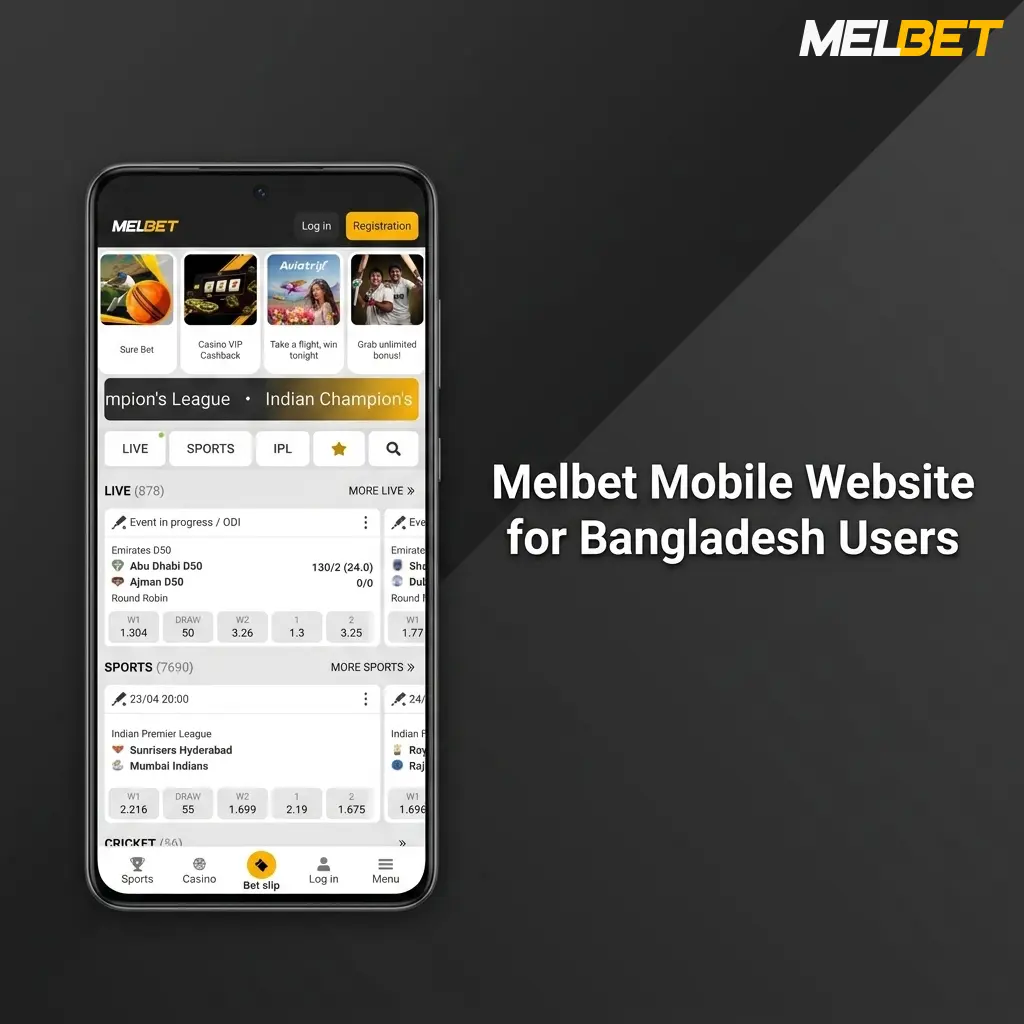 Melbet mobile website interface on a smartphone browser showing sports betting and casino options for Bangladesh users