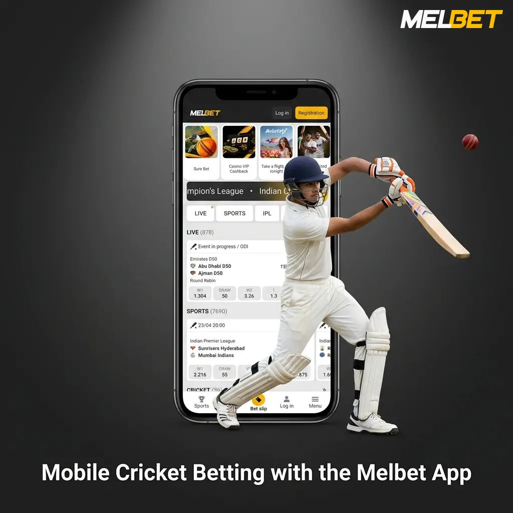 Melbet app on smartphone showing cricket betting markets with live odds for Android and iOS users