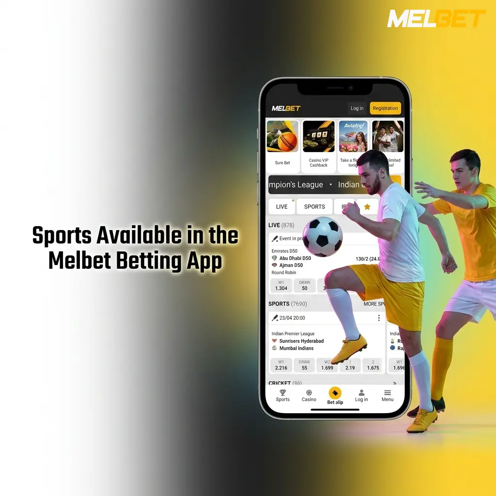 Melbet betting app sports menu showing cricket football tennis basketball eSports and 30 plus disciplines with live betting