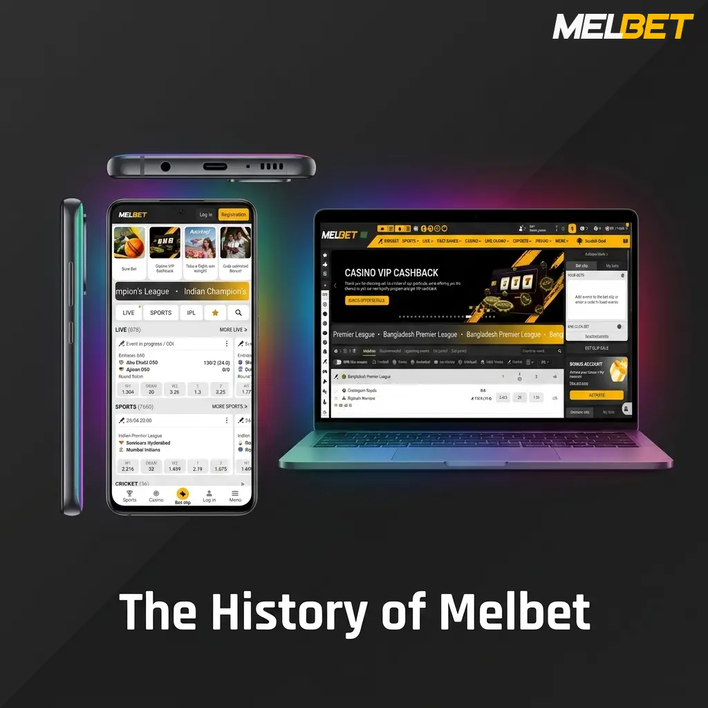Melbet history timeline showing global expansion across sports betting, casino, and esports markets in 100+ countries