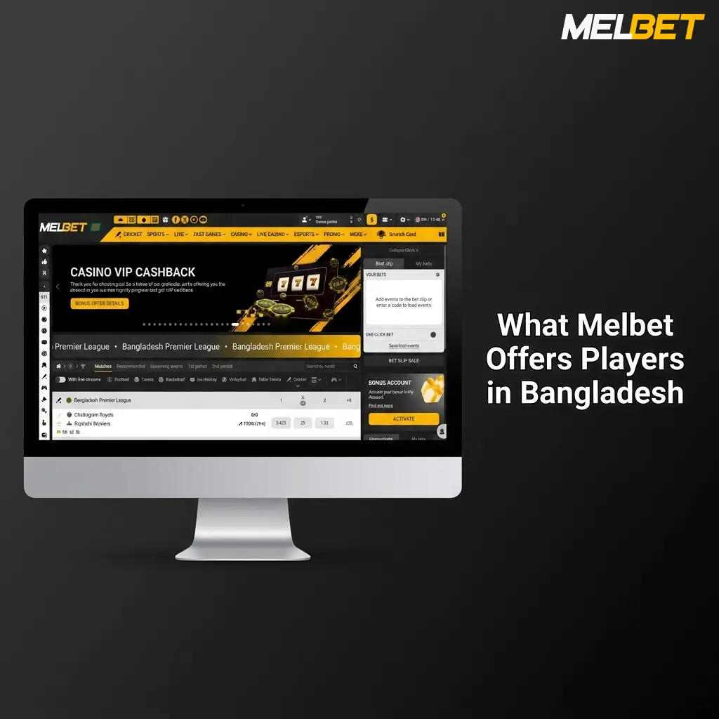 Melbet Bangladesh platform showing sports betting markets, casino games, and mobile app features for Android and iOS