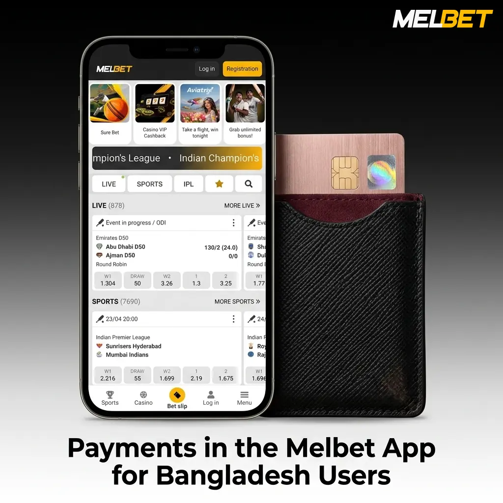 Melbet app payment options for Bangladesh users on a smartphone screen