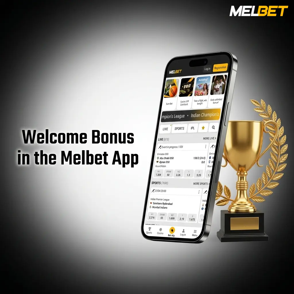 Welcome bonus offer displayed in the Melbet app for new users