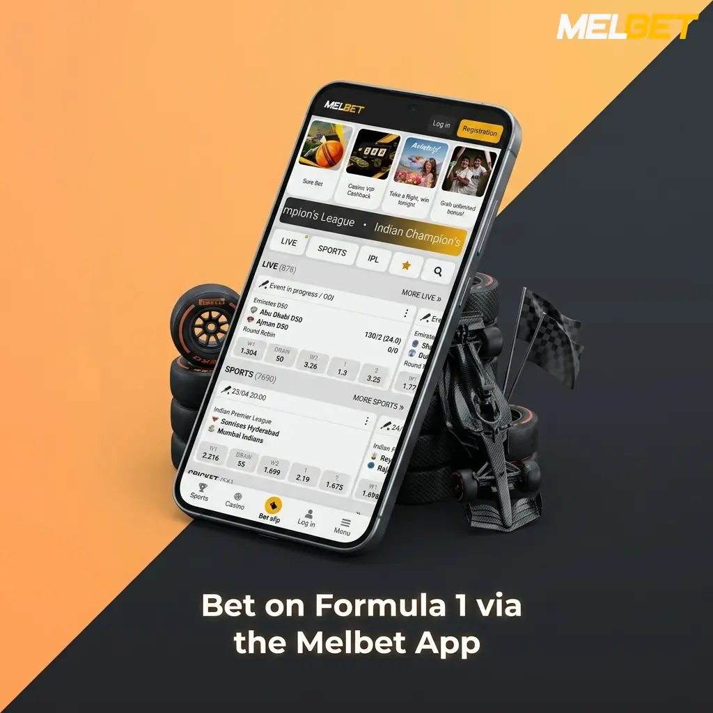 Melbet mobile app interface showing Formula 1 betting markets with live odds for Bangladesh users on Android and iOS