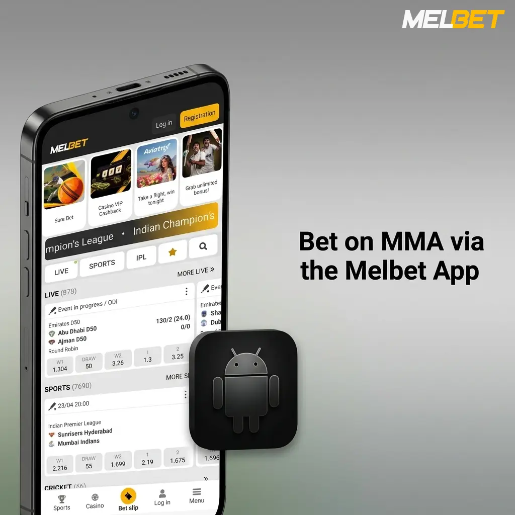 Melbet MMA betting app on Android and iOS showing UFC odds and live wagering options for Bangladesh users