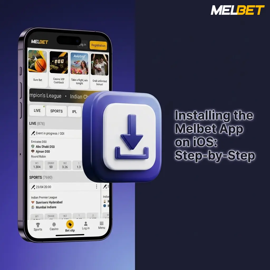 Melbet iOS app installation steps on iPhone showing download, trust certificate, and setup process