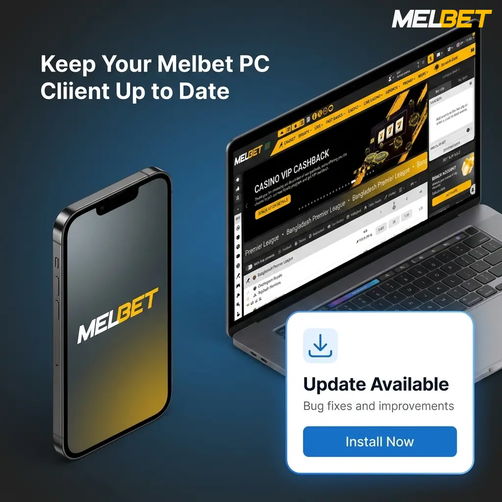 Melbet PC client update page showing version check and download options for the latest desktop installer