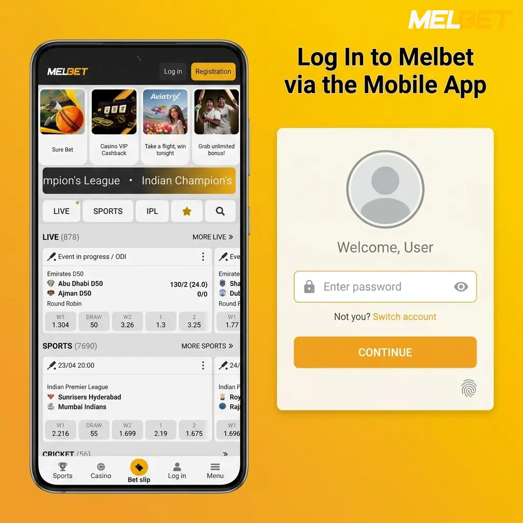 Melbet mobile app login screen on Android and iOS showing phone, email, and social network sign-in options