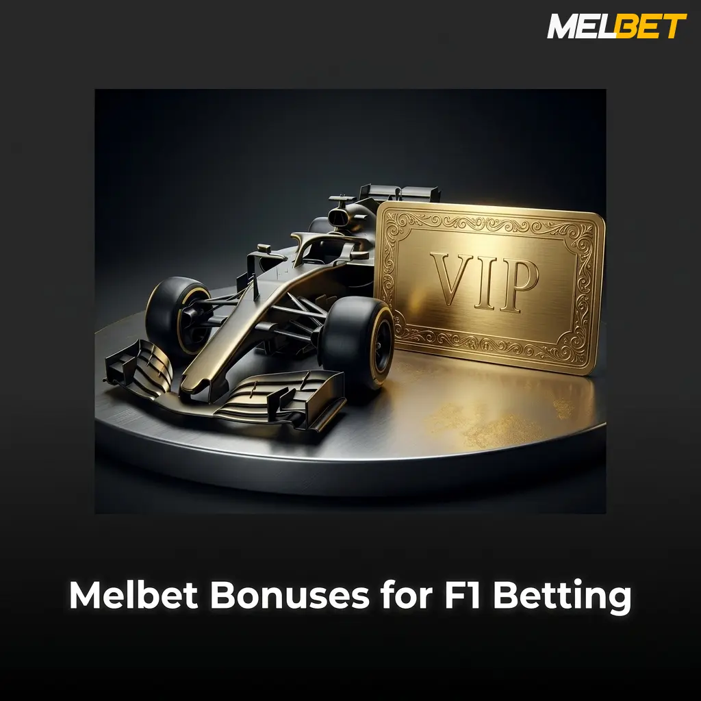 Melbet bonuses for F1 betting including welcome bonus, accumulator boost, and cashback offers for 2026 season