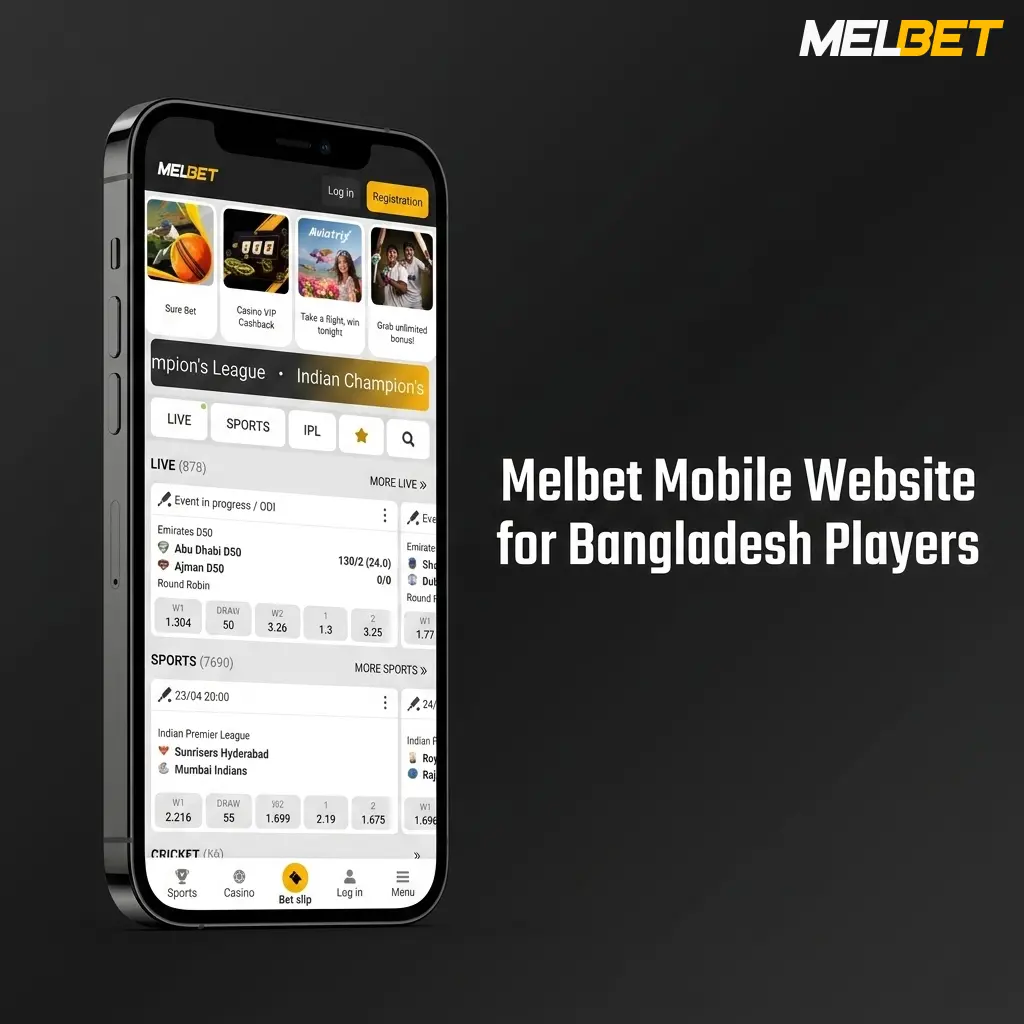Melbet mobile website interface on a smartphone browser showing sportsbook and casino features for Bangladesh players
