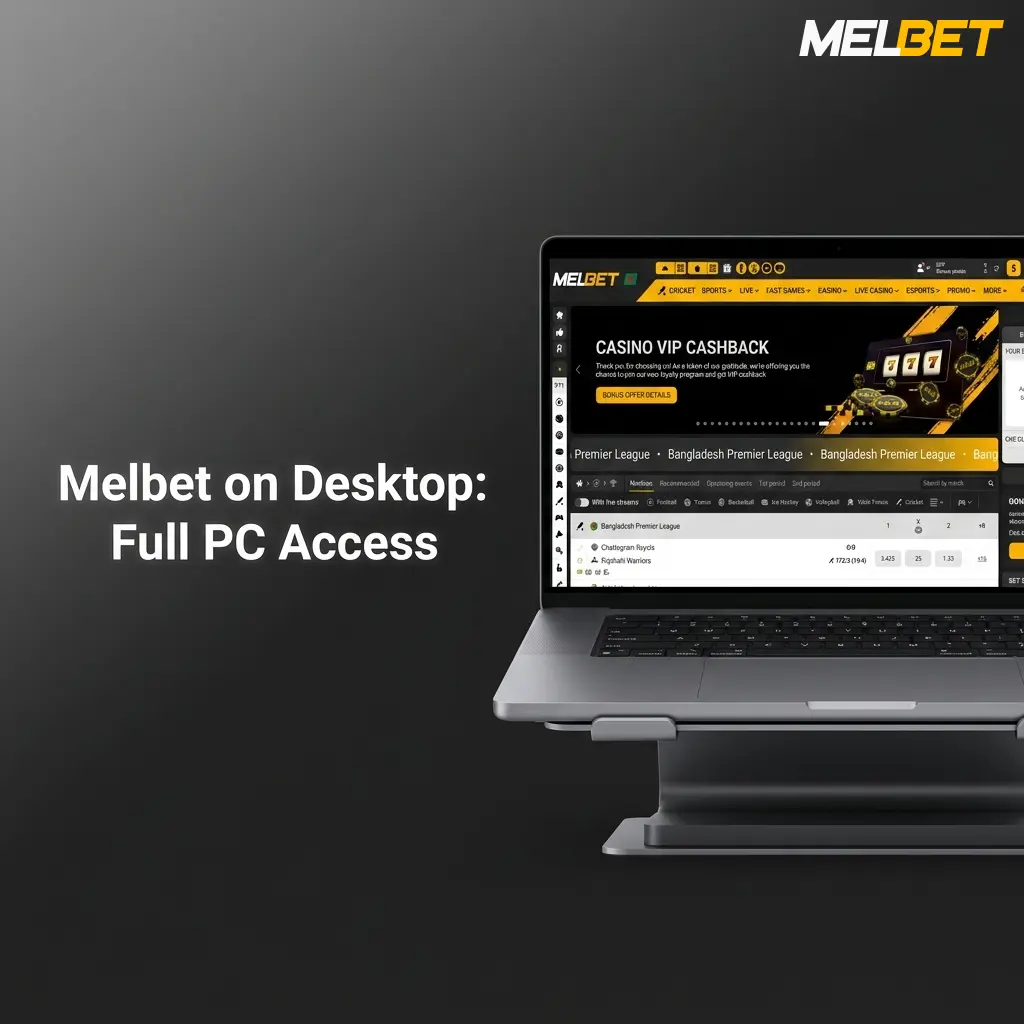 Melbet desktop website open in a browser showing sports betting markets and live casino on a laptop screen