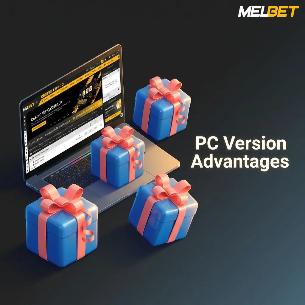 Melbet PC app interface showing faster load times, persistent login, live betting stability, and full feature access on desktop
