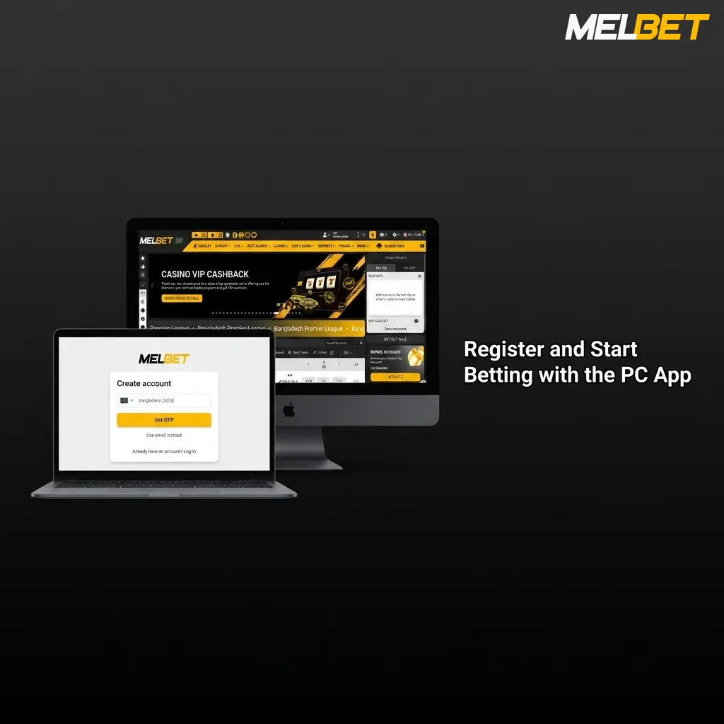 Melbet PC app registration screen showing sign-up options with bKash, Nagad, and Rocket deposit methods for Bangladeshi users
